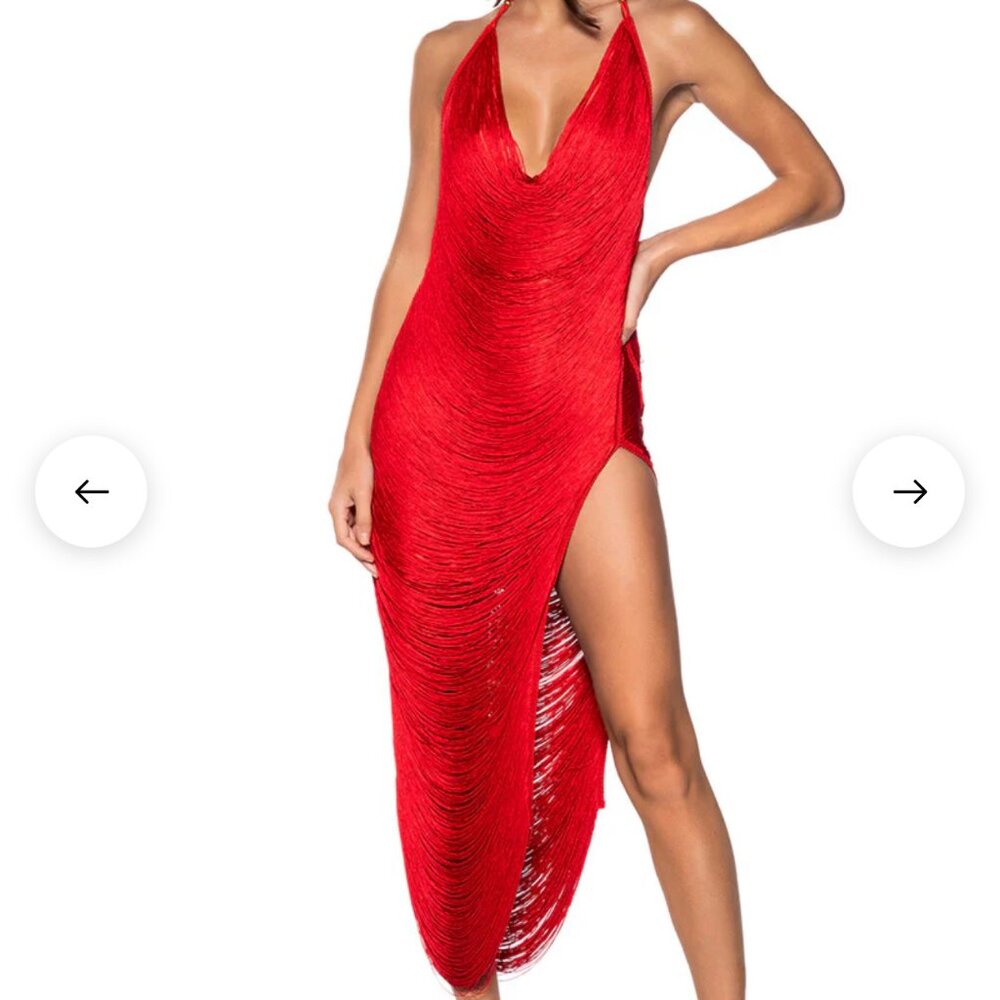 AKIRA GIANINA FRINGED COWL NECK MAXI DRESS IN RED